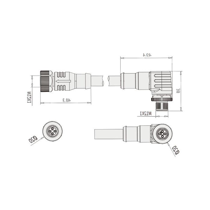 M12 4Pin T-coded、母头直型转公头90°、双端预铸PVC非柔性电缆、黄色护套、64TD23-XXX