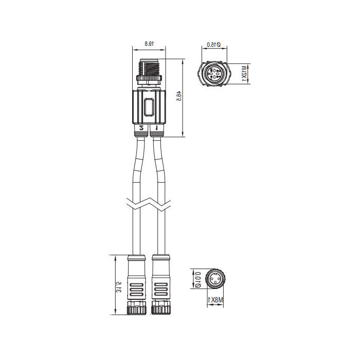 M12 4Pin公头/2M8 3Pin母头、Y型预铸PUR拖链电缆、黑色护套、64D421-XXX